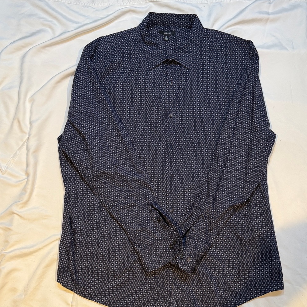 Alfani Men's Navy Patterned long sleeve dress Shirt